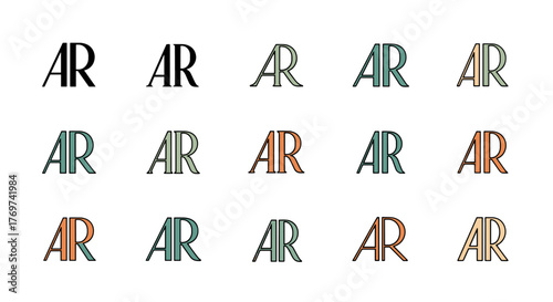 A collection of the letters 'AR' in a stylized, art deco font, presented in various pastel and muted color palettes against a black background, showcasing a modern yet vintage aesthetic suitable for