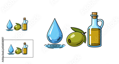 A vibrant illustration featuring a clear blue water droplet with ripples, a ripe green olive on a branch with leaves, and a glass bottle filled with golden olive oil, symbolizing natural ingredients