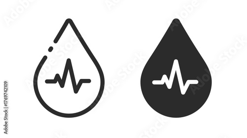 Water drop with heartbeat pulse as nature energy medical technology logo icon simple line stroke outline graphic illustration set, solid bold blood pharmacy sign or nature health care symbol
