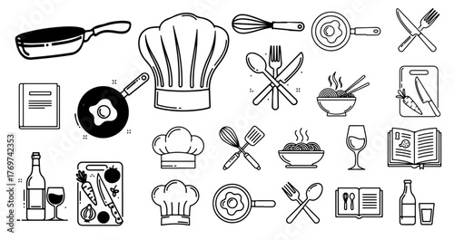 Vibrant collection of culinary icons capturing the essence of cooking and dining, perfect for recipe blogs, restaurant branding, and food education materials