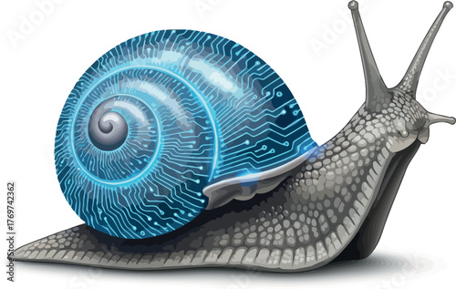 Snail with a circuit board shell concept for slow technology or outdated systems isolated on white background