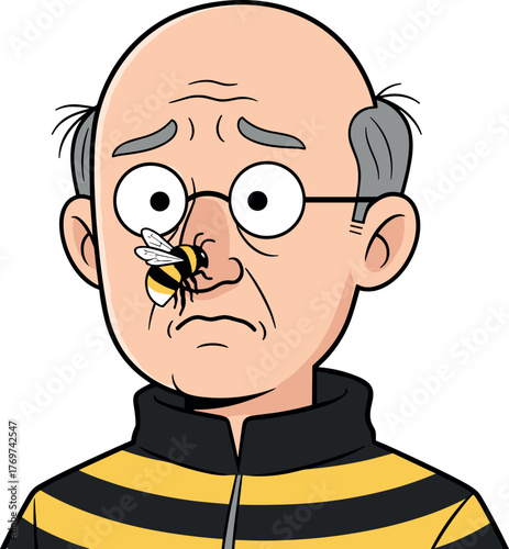 Cartoon bald man wearing bee-striped shirt with large bee on nose, humorous insect confusion, funny senior character vector illustration