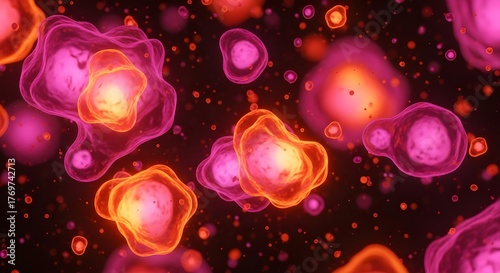 Cancer Cell Division Neon Pink Orange Glow Medical Background