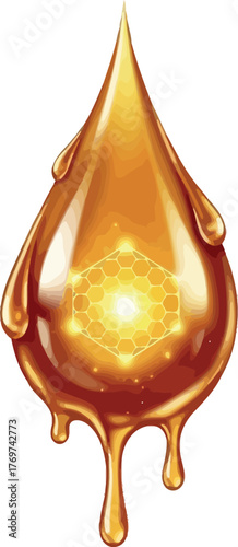 Golden honey drop with honeycomb pattern sweet liquid dripping vector illustration for food and product design