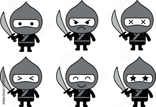 Cartoon ninja characters with expressive faces holding swords, showing various emotions like anger, joy, tension, defeat, admiration, and neutrality.