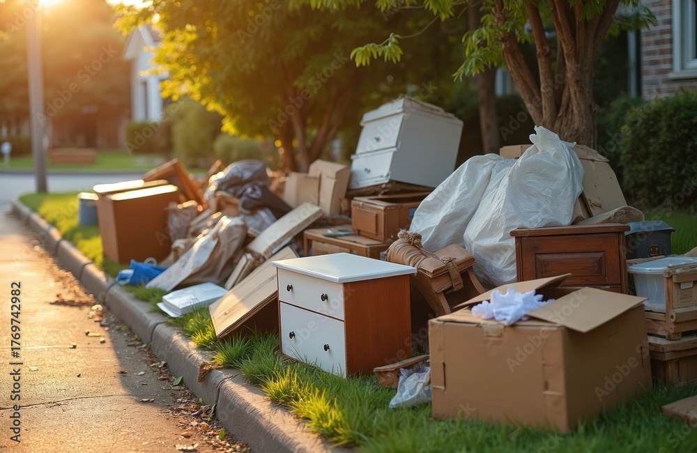 Fototapeta premium Discarded household items clutter residential street curb. Furniture, boxes, and rubbish await bulk waste collection. Clear out day for disposal and decluttering.
