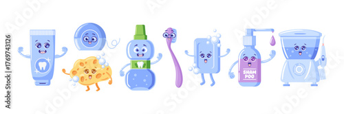 vector set of kawaii morning self-care routine items, including a tube of toothpaste, an adorable toothbrush, a fun dental floss, a handy mouthwash, an oral irrigator, a washcloth, soap, and shampoo.