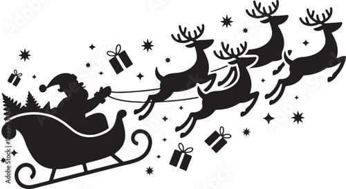 Black and white Santa sleigh vector design symbolizing holiday celebration, joy, and winter magic