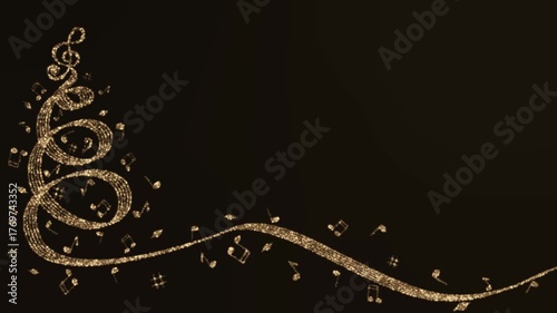 On a dark background, a key to it appears in a curl in the shape of a Christmas tree, a musical staff goes, notes and the text Merry Christmas and New Year appear.
