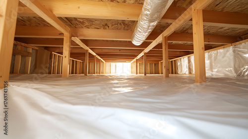 Fototapeta Naklejka Na Ścianę i Meble -  A crawl space with wooden beams and a white plastic barrier, illuminated by natural light streaming in from the far end, creating a clean and functional under-house area.