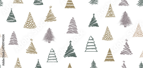 Christmas tree pattern on white, hand-drawn illustrations. 
