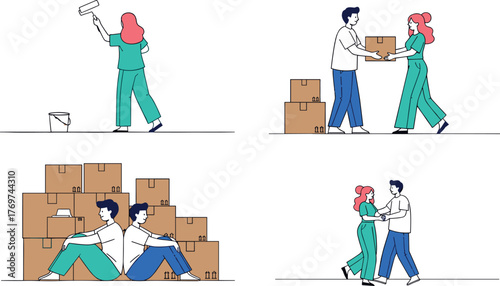 Couple renovating new home together, painting walls, moving boxes, relaxing after work, celebrating fresh start in cozy modern apartment interior