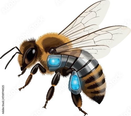 Honey bee with robotic implants detailed illustration of a cyborg insect isolated on white background