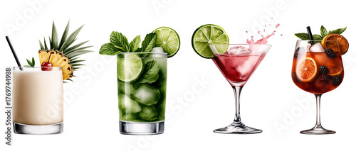 Obraz  z motywem set of watercolor glasses with drinks like cocktails, red wine, mojito, piña colada with ananas, margarita with lime, martini beverages isolated on transparent background 