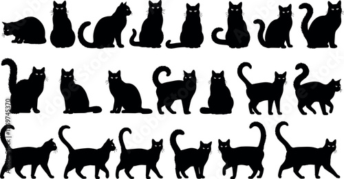 Black Cat Silhouettes in Various Poses and Movements – Sitting, Walking, Standing, Crouching – Isolated Animal Vector for Halloween Design