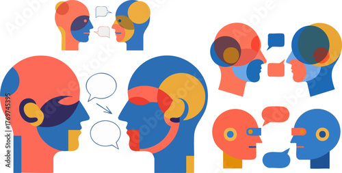 Abstract communication concept showing diverse people talking and sharing ideas