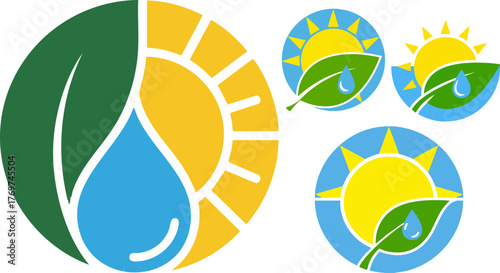 Symbol depicting nature with leaf sun and water drop representing sustainability