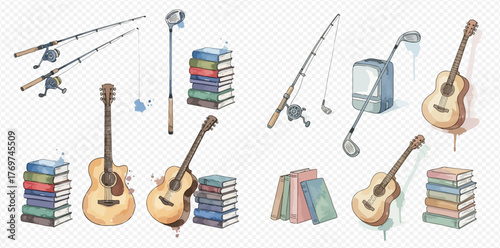 Watercolor illustration of various hobby items like fishing rods, golf clubs, guitars, and books.