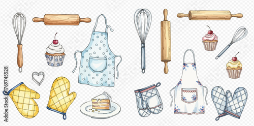 Watercolor illustration of various baking tools and sweet treats including whisks, rolling pins, aprons, oven mitts, cupcakes, and a slice of cake.