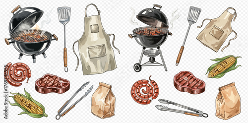 Watercolor illustration set of barbecue and grilling essentials including grills, tools, meat, sausages, corn, and aprons on a transparent background.