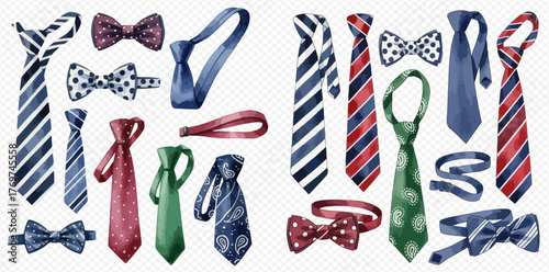 Assortment of men's fashion accessories including striped, polka dot, and solid neckties and bow ties.