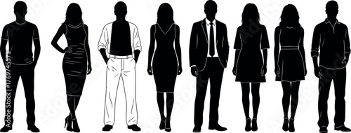 Silhouettes of diverse people in various outfits and poses representing fashion, lifestyle, business, casual wear, and human character design.
