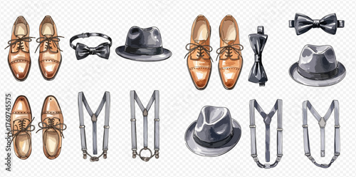 Watercolor illustration of vintage men's fashion accessories including shoes, hats, bow ties, and suspenders on a transparent background.