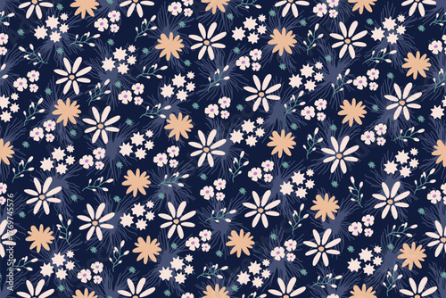 Floral seamless pattern with white and pale yellow flowers and leaves on dark blue background
