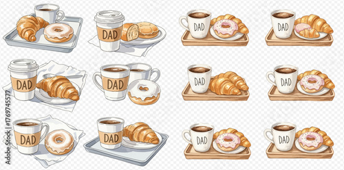 Watercolor illustrations of various breakfast sets featuring coffee in mugs and disposable cups, some labeled 'DAD', paired with golden croissants and sweet donuts on trays and plates.