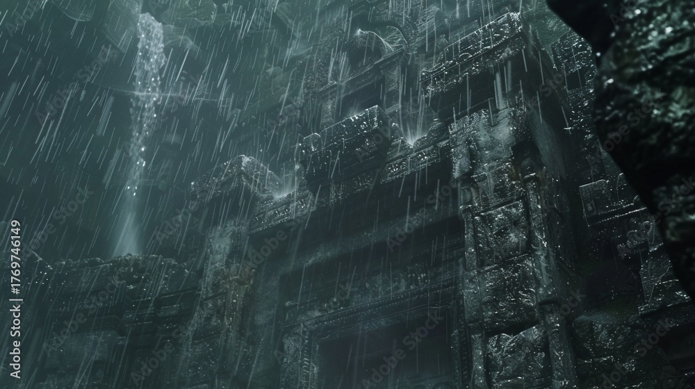 Obraz premium Ancient, stone structure being drenched by heavy rain, weathered and moody