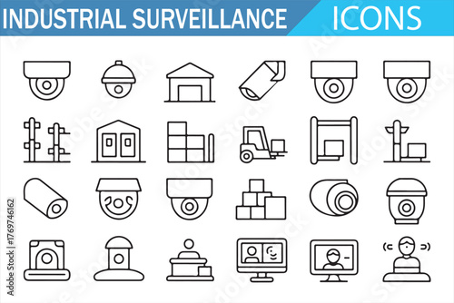 Factory surveillance symbols — cameras, fences, and checkpoints
