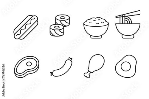 Various types of food items and dishes displayed in a simple, minimalist style focusing on different cuisines and ingredients