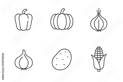 Variety of vegetables including bell pepper, pumpkin, onion, potato, and corn arranged in a simple design on a white background