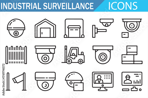Security cameras, access control, and monitoring — thin line icons