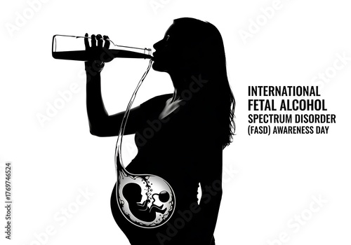 Silhouette of pregnant woman drinking alcohol isolated on white background