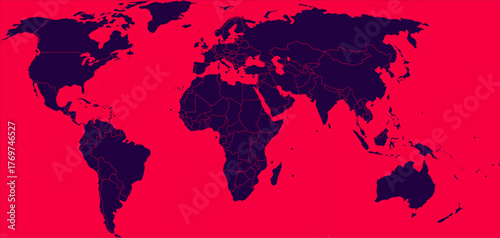 World Outlines. A minimalist world map with dark continents on a red background. The simplicity of the form emphasizes the universality and interconnectedness of all continents. Vector
