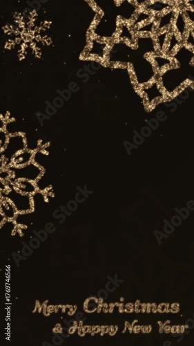 Golden shimmering snowflakes made of particles on a dark background and text Merry Christmas and New Year. Animated vertical background .