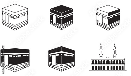 Minimalist Kaaba vector set illustrating Mecca landmarks and traditional Muslim architecture