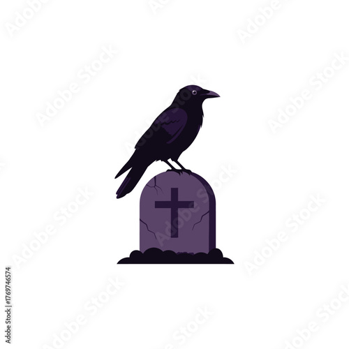 Halloween Crow Tombstone Illustration Vector Art Design Bird Raven Perched on Grave Isolated on White Decorative October","Halloween crow tombstone illustration. 