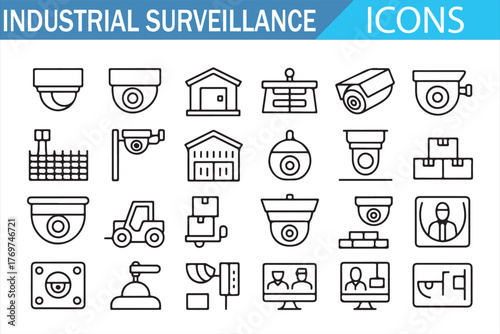 Industrial security and CCTV camera outline icon set