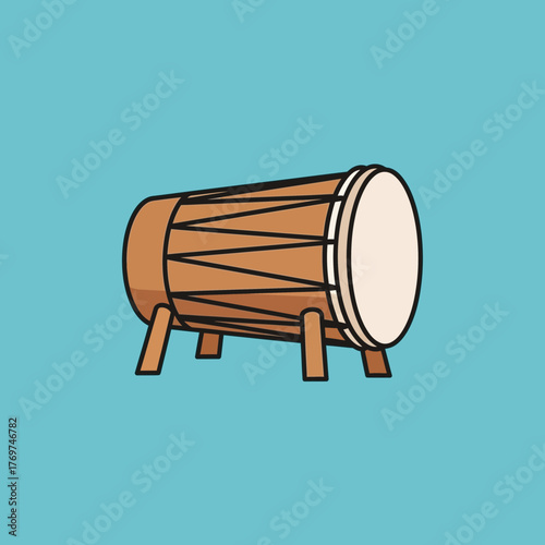 Cartoon illustration of a wooden drum with white heads on a blue background.