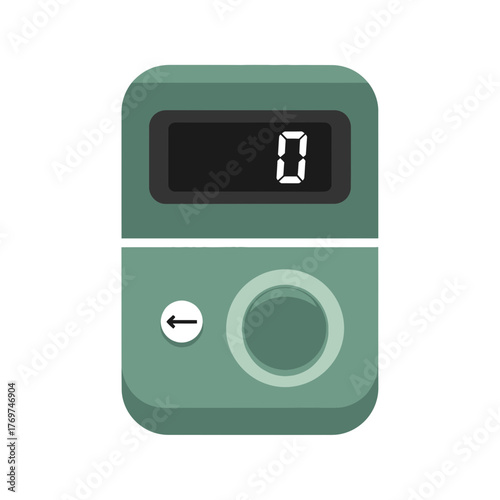 Green digital counter with a display showing zero and a circular button.