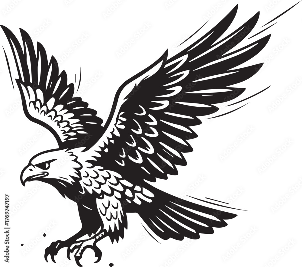 Fototapeta premium Monochrome Stylized Eagle in Predatory Flight with Wings Fully Spread