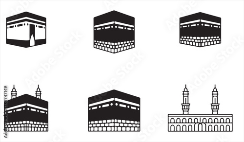 Vector illustration of Kaaba and mosque silhouettes symbolizing Islamic architecture and religious pilgrimage