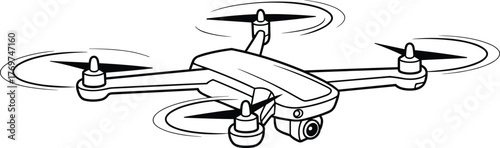 Quadcopter drone in flight, camera gimbal sketch, aerial photography vector, unmanned aircraft, surveillance, technology, motion lines, isolated, minimal, outline