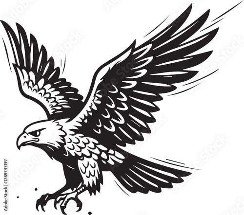 Monochrome Stylized Eagle in Predatory Flight with Wings Fully Spread