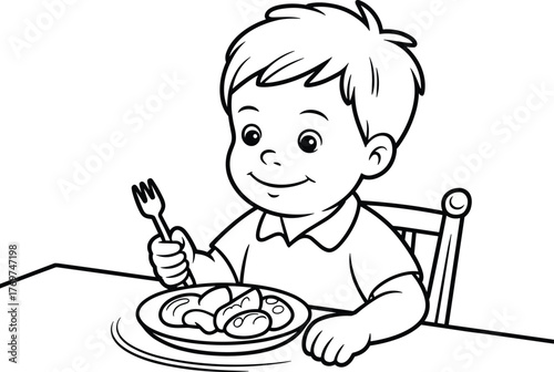 Smiling child eating meal, cartoon boy with fork, black and white line art, healthy food illustration, mealtime drawing for kids