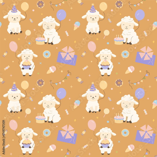 Adorable vector clipart with lambs, balloons, cake, candies and gifts. Perfect for kids design, party cards, posters, textiles and holiday decor.