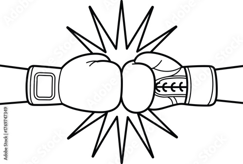 Boxing gloves impact, punch collision illustration, sports competition, fighting gear, energy burst, vector, silhouette, black outline, action, conflict
