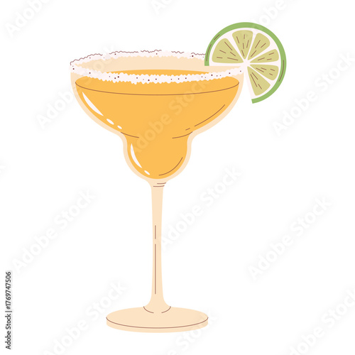 Classic Margarita cocktail vector illustration. Hand drawn flat style design of a yellow orange drink in a coupe glass with salt rim, lime slice garnish. For Mexican restaurants, happy hour promotions